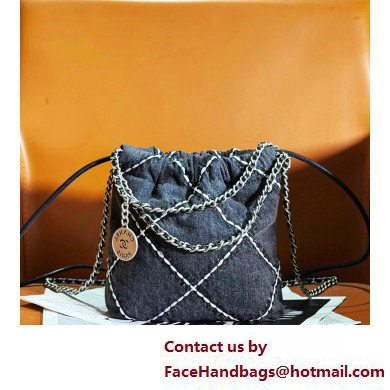 Chanel Stitched Denim  &  Silver-Tone Metal CHANEL 22 Mini Handbag AS3980 Black